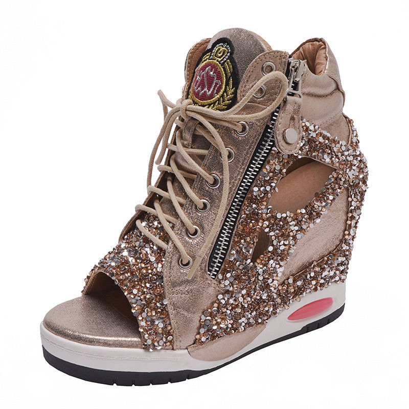 Personalized Sponge Cake With Thick-soled Casual Sequin Lace-up Fish Mouth Shoes