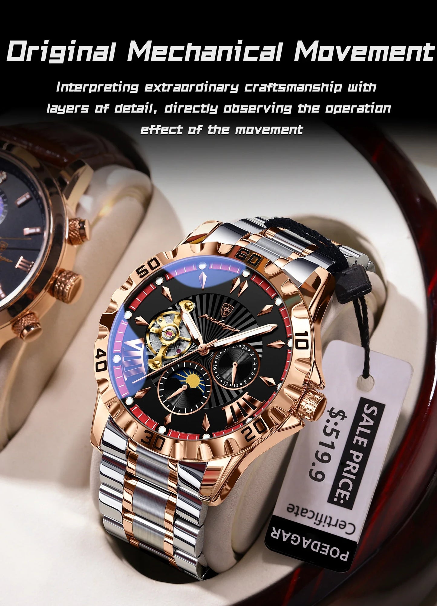 POEDAGAR Luxus Männer Uhr Hohl Tourbillon Automatische Mechanische Mann Uhr Wasserdicht Leucht Edelstahl herren Uhren + Box