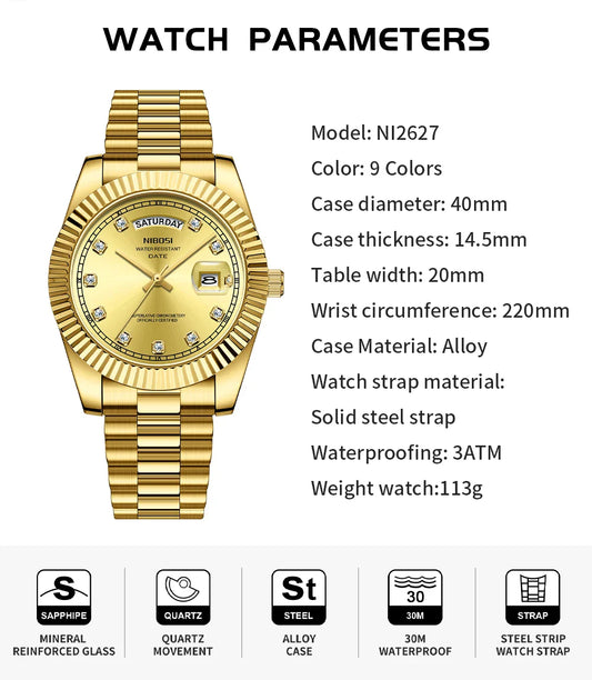 NIBOSI Luxury Gold Quartz Watch Men Stainless Steel Waterproof Luminous Date Week Fashion Diamond Men's Watches Relogio Masculino