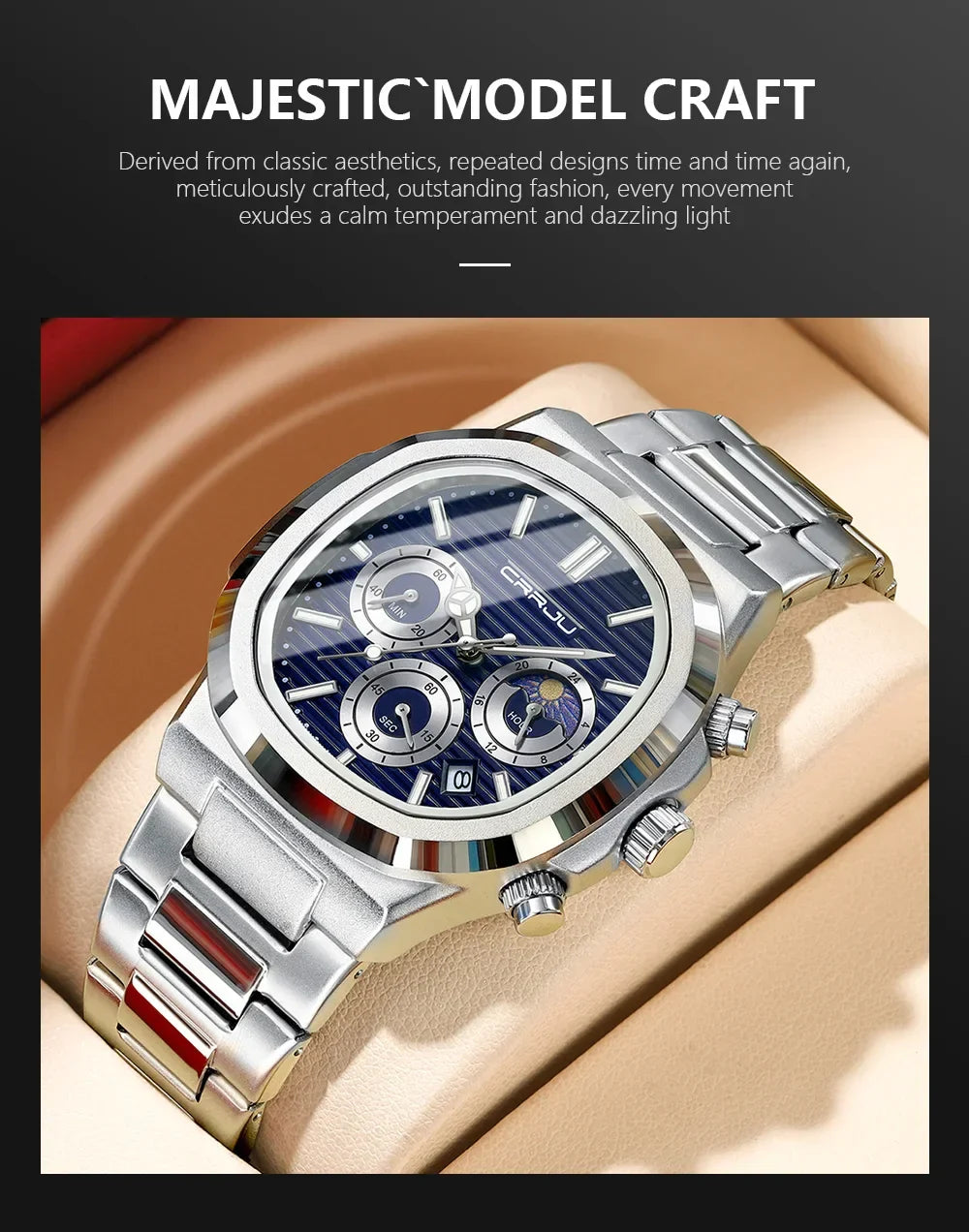 CRRJU Herrenuhr, wasserdicht, leuchtende Armbanduhr, Quarz-Edelstahluhr für Herren, Pilot-Top-Marke, Herrenuhren, Chronograph