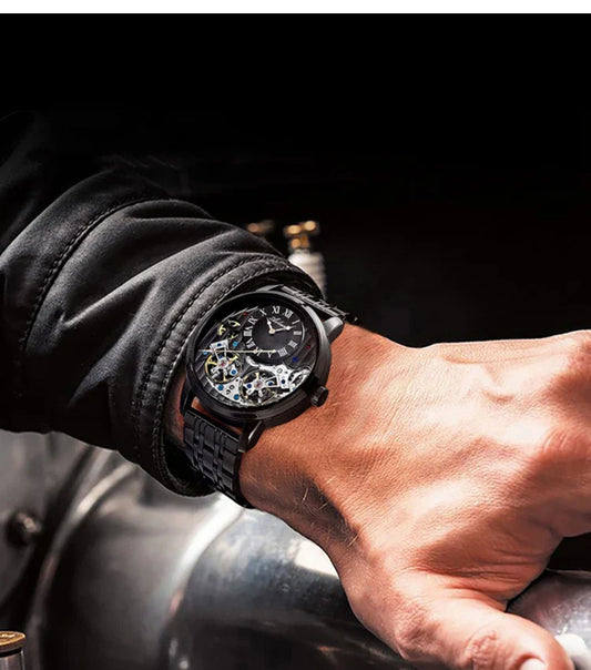 AILANG Top Merk Luxe Horloge Mannen Automatisch Lichtgevend Zwart Horloge Mannen Dubbele Tourbillon Waterdicht Mechanisch Horloge Relogio