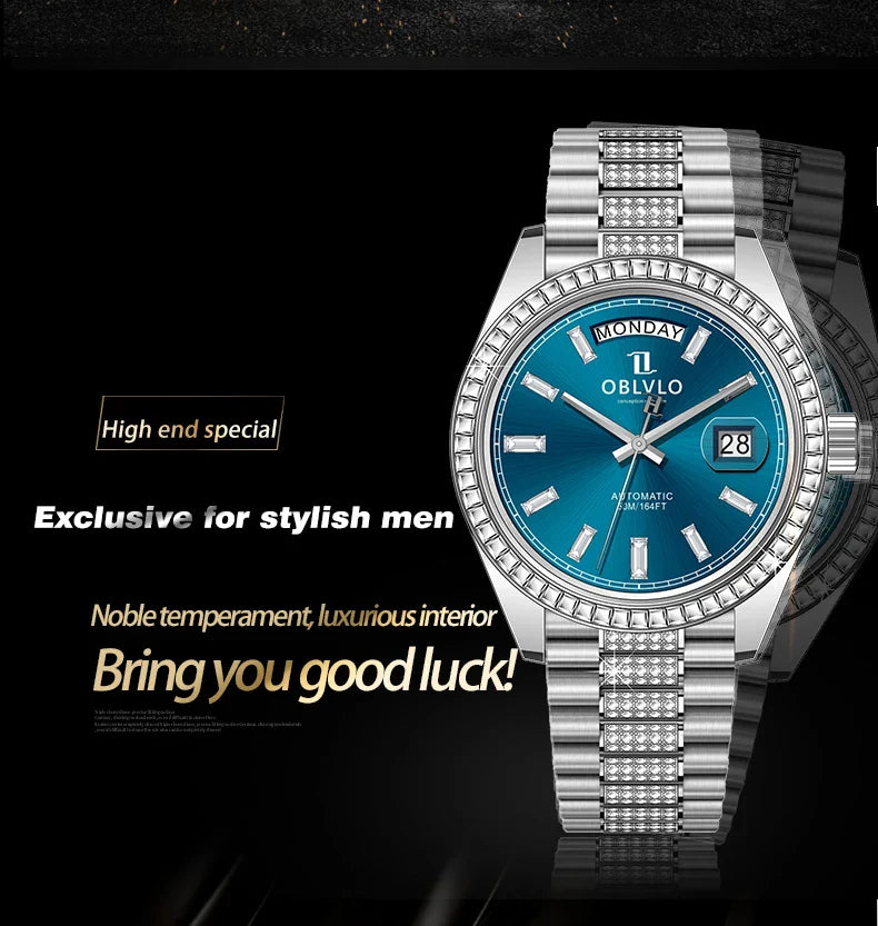 OBLVLO Men's Luxury Watch Yellow Gold White Dial Automatic Date Diamond Bezel Mechanical Bracelet Watches with Day RX-DD