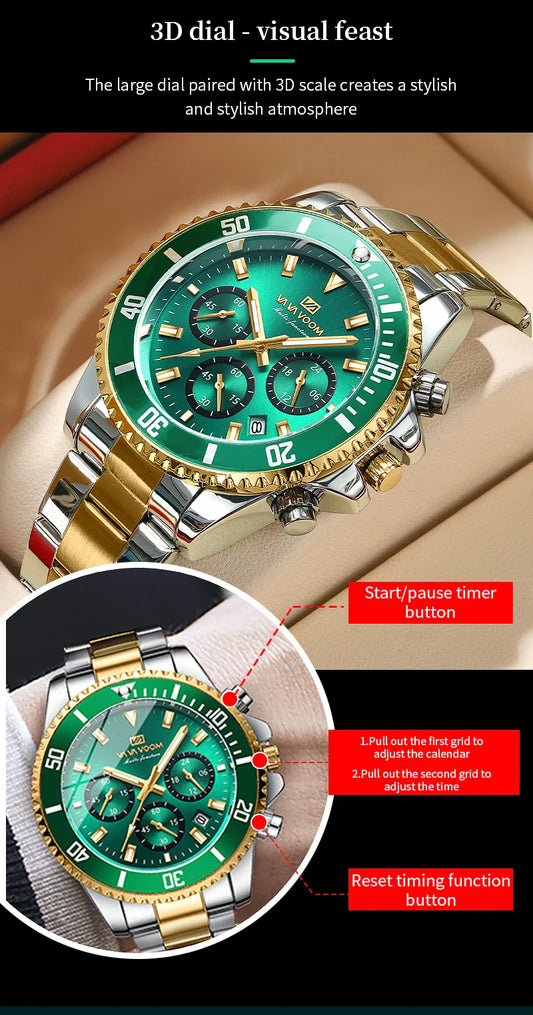 VA VA VOOM Marke Top Männer Uhr 1 Stück Multifunktionale Modische Timing Zifferblatt Grün Gold Edelstahl 3Bar Timing Uhr für Männer