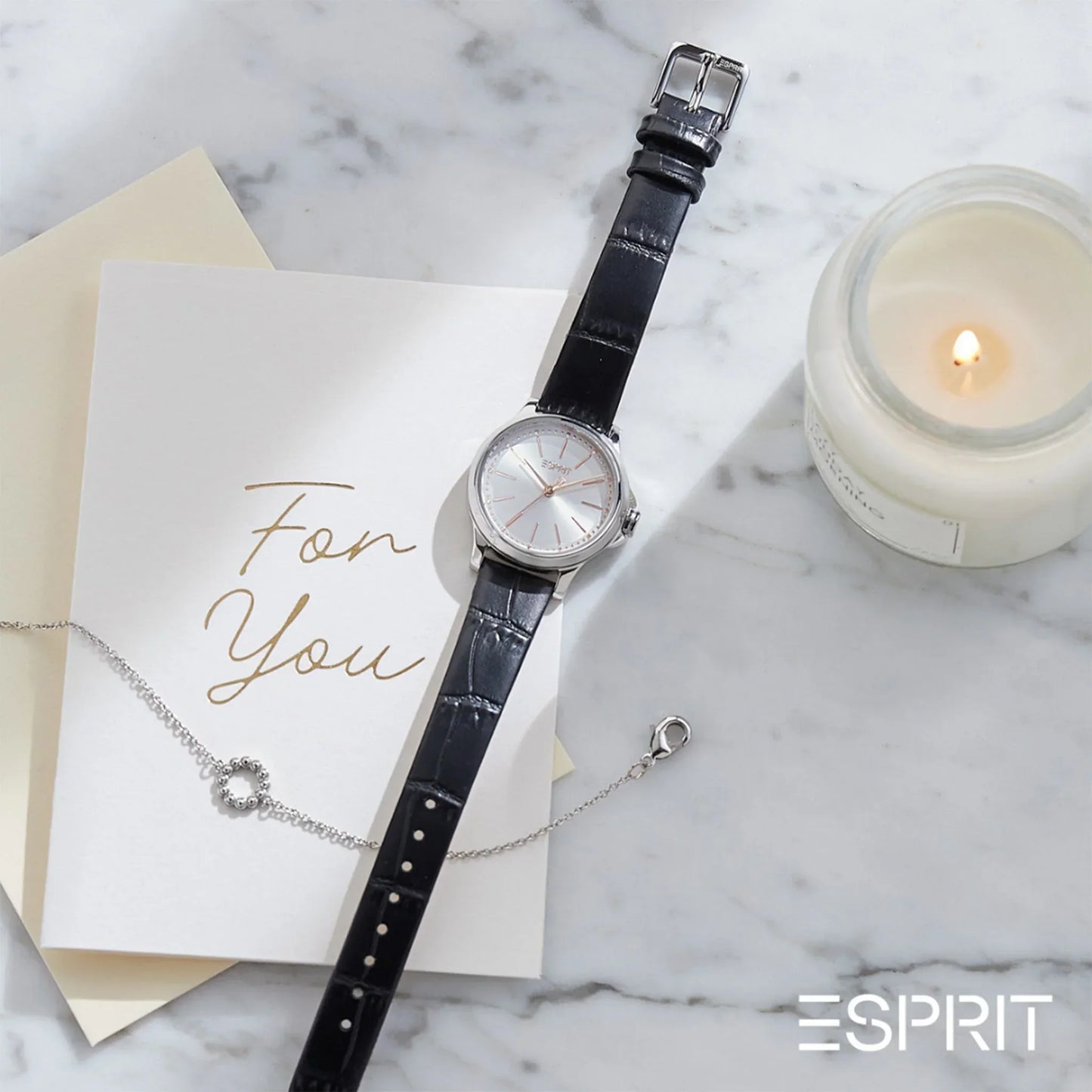 Esprit Women's Black Leather Watch, Silver Dial | ES1L109M0075-4