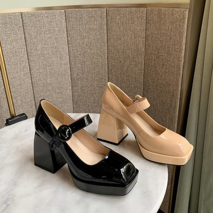 Cow Patent Leather High Heels Retro Simple Mary Jane