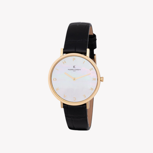 Pierre Cardin Women's Gold Metal Watch, Black Leather | CBV.1129-0