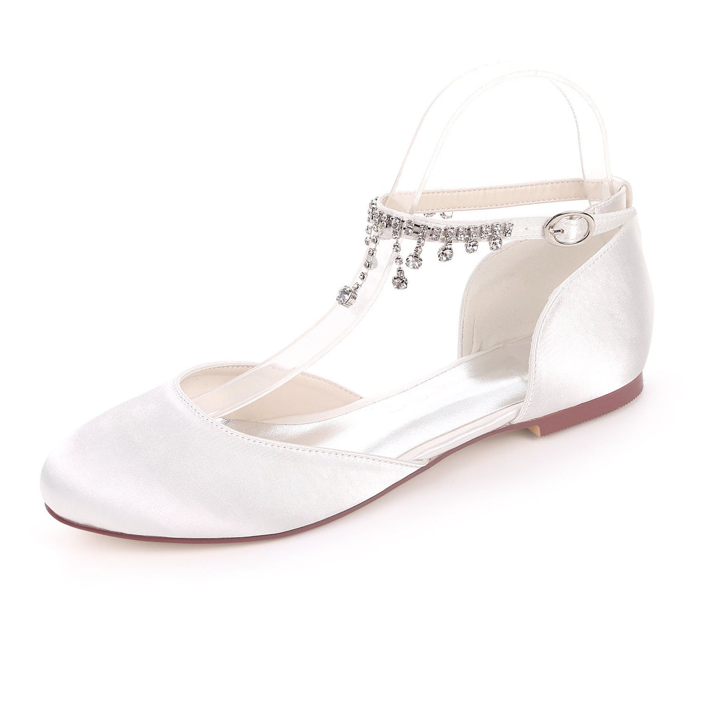Satin Round Toe Hollow Rhinestone Chain Flat Wedding Shoes
