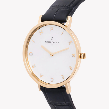 Pierre Cardin Women's Gold Metal Watch, Black Leather | CBV.1129-1