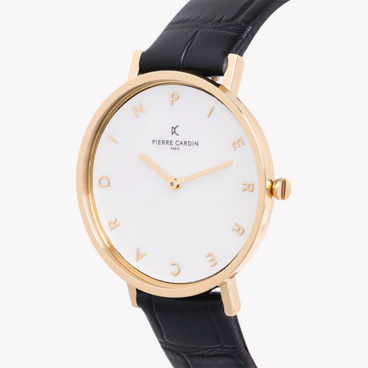 Pierre Cardin Women's Gold Metal Watch, Black Leather | CBV.1129-1