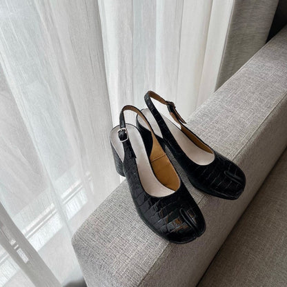 Hollow Chunky Heel Leather High Heel Split Toe Women's Sandals