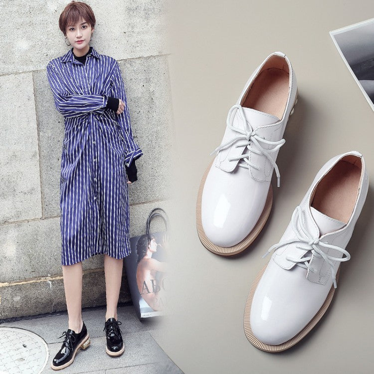 Spring And Autumn Shiny Round Toe Small Leather Shoes Mid-heel Platform