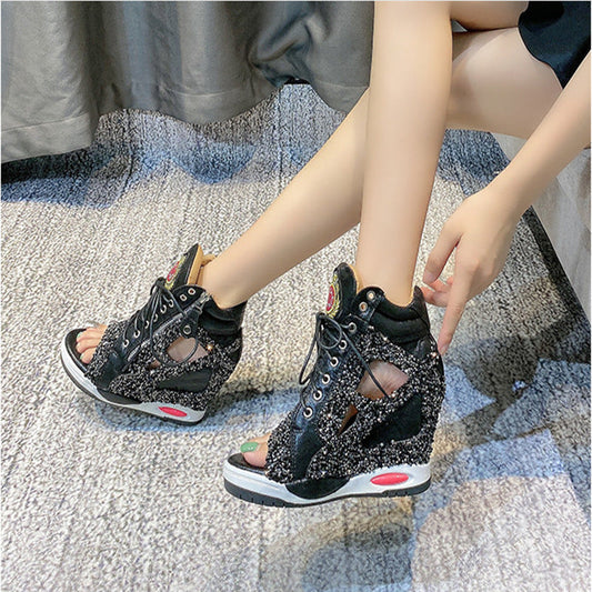 Personalized Sponge Cake with Thick-soled Casual Sequin Lace-up Fish Mouth Shoes