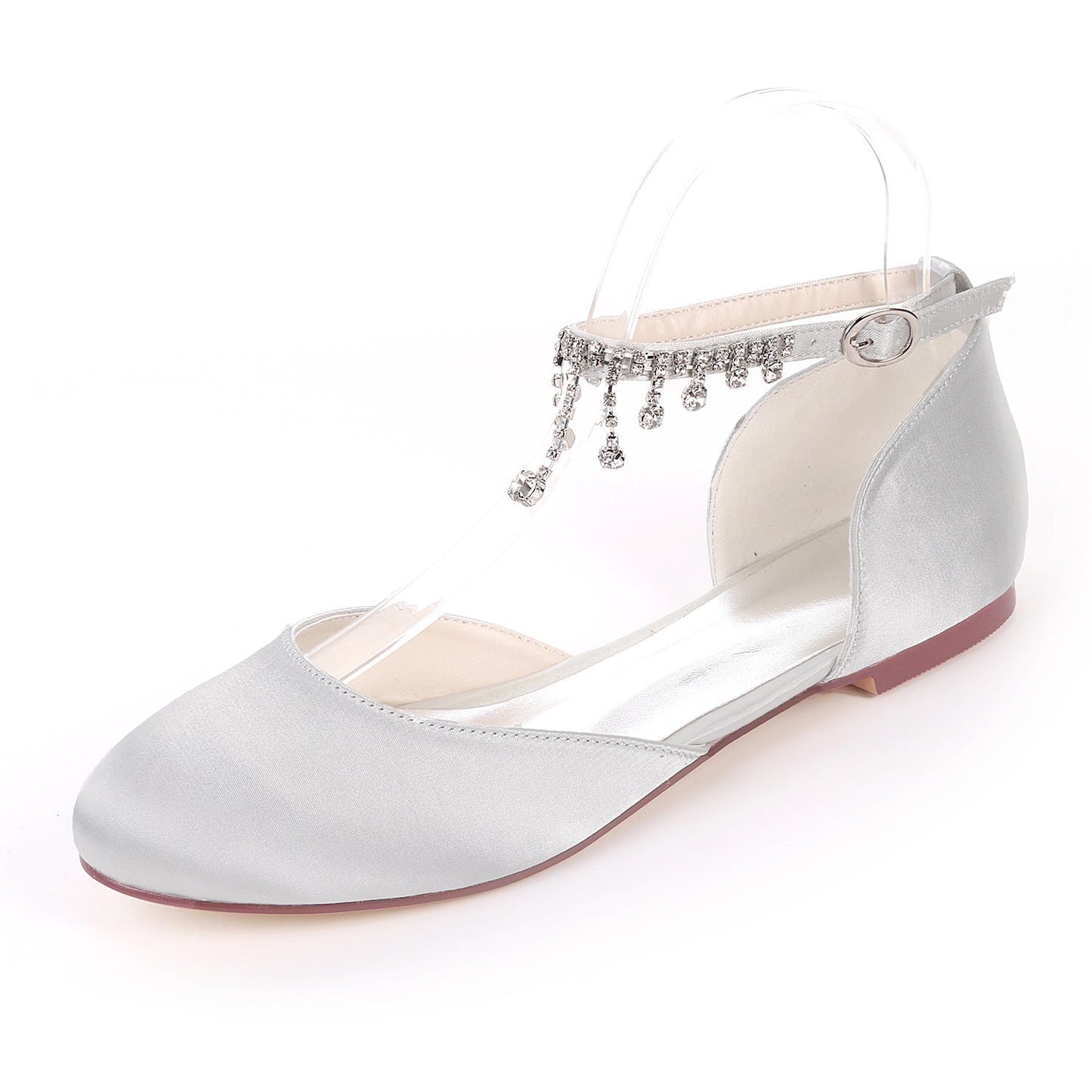 Satin Round Toe Hollow Rhinestone Chain Flat Wedding Shoes