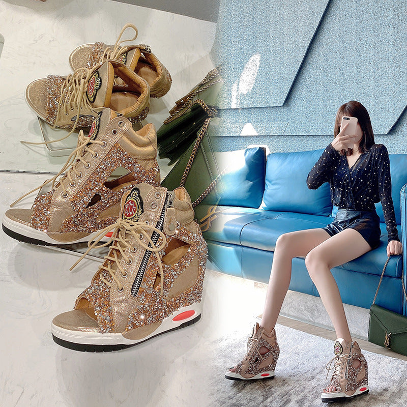 Personalized Sponge Cake With Thick-soled Casual Sequin Lace-up Fish Mouth Shoes