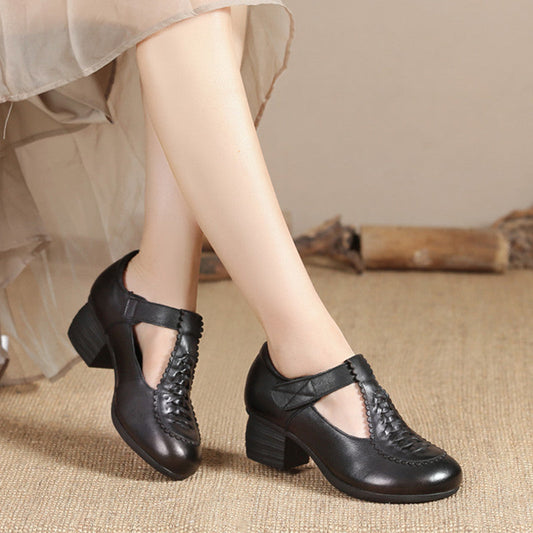Mid-chunky Heel Casual and Comfortable Soft-soled Mid-aged and Elderly Leather Shoes