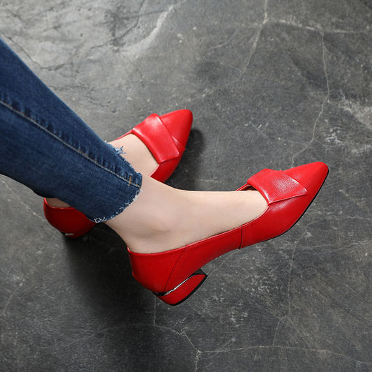 New Pointed Shallow Mouth Low Heel Soft Leather Block Heel Single Shoes for Women, Plus Sizes