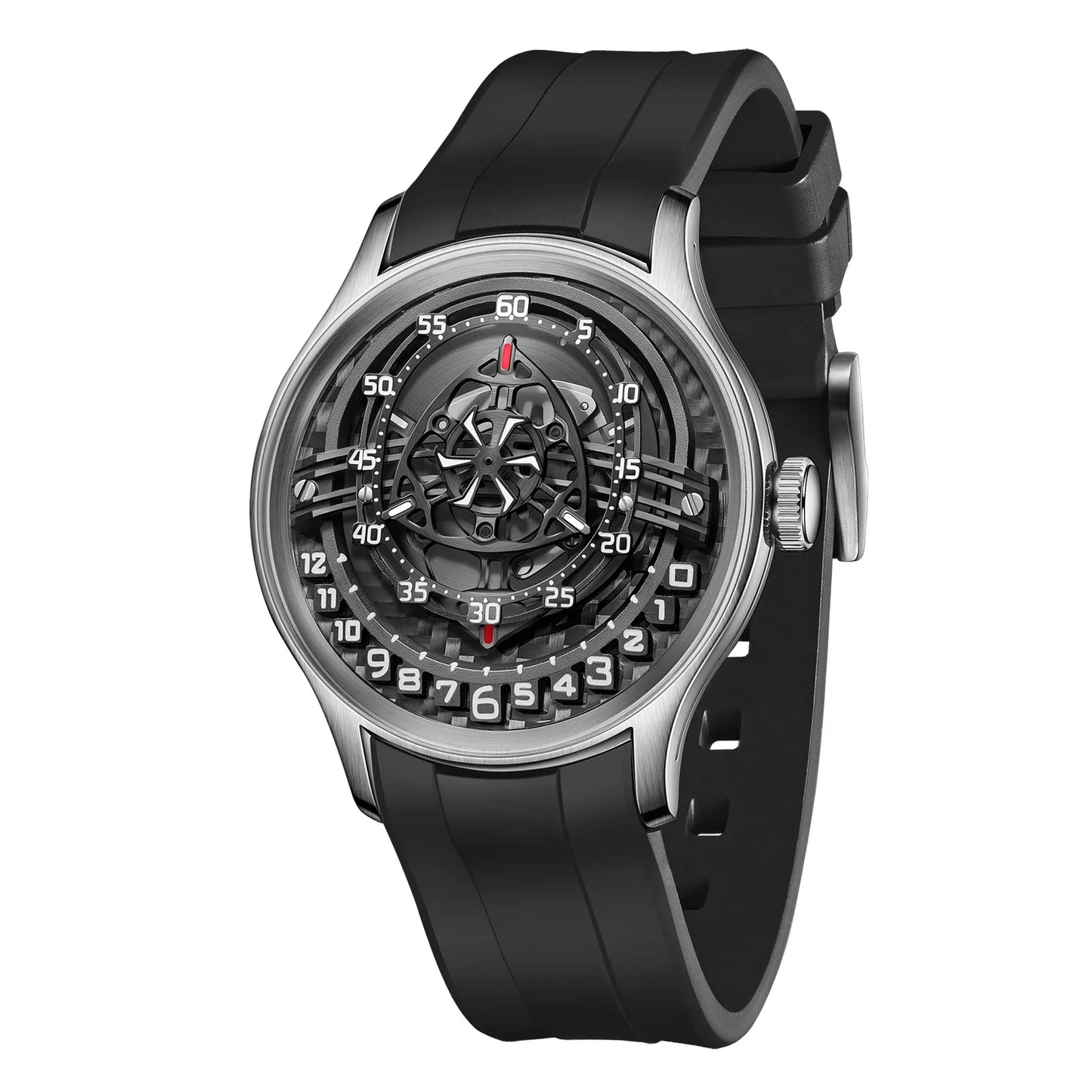 OBLVLO Original Design Mens Carbon FIbre Rotor DIal Black Rubber Mechanical Watch Blue Glow Waterproof Sport Watches BLM-ROTOR