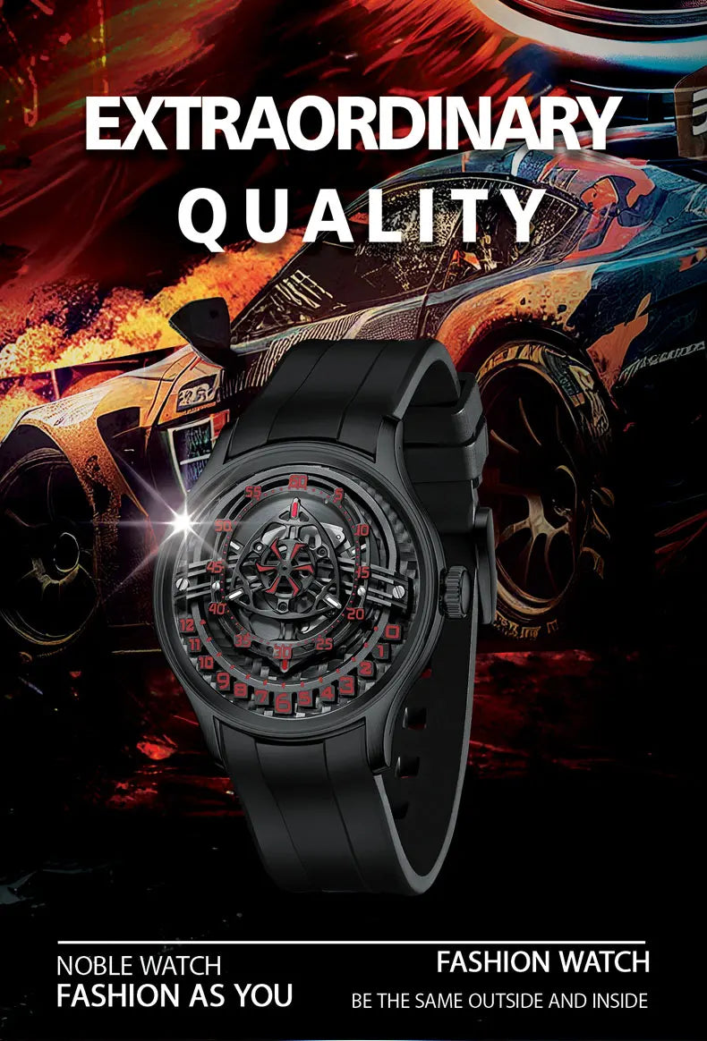 OBLVLO Original Design Mens Carbon FIbre Rotor DIal Black Rubber Mechanical Watch Blue Glow Waterproof Sport Watches BLM-ROTOR