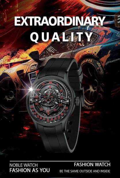 OBLVLO Original Design Mens Carbon FIbre Rotor DIal Black Rubber Mechanical Watch Blue Glow Waterproof Sport Watches BLM-ROTOR