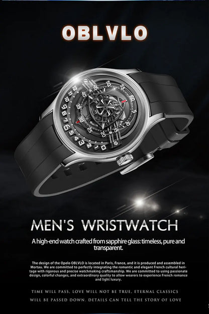 OBLVLO Original Design Mens Carbon FIbre Rotor DIal Black Rubber Mechanical Watch Blue Glow Waterproof Sport Watches BLM-ROTOR