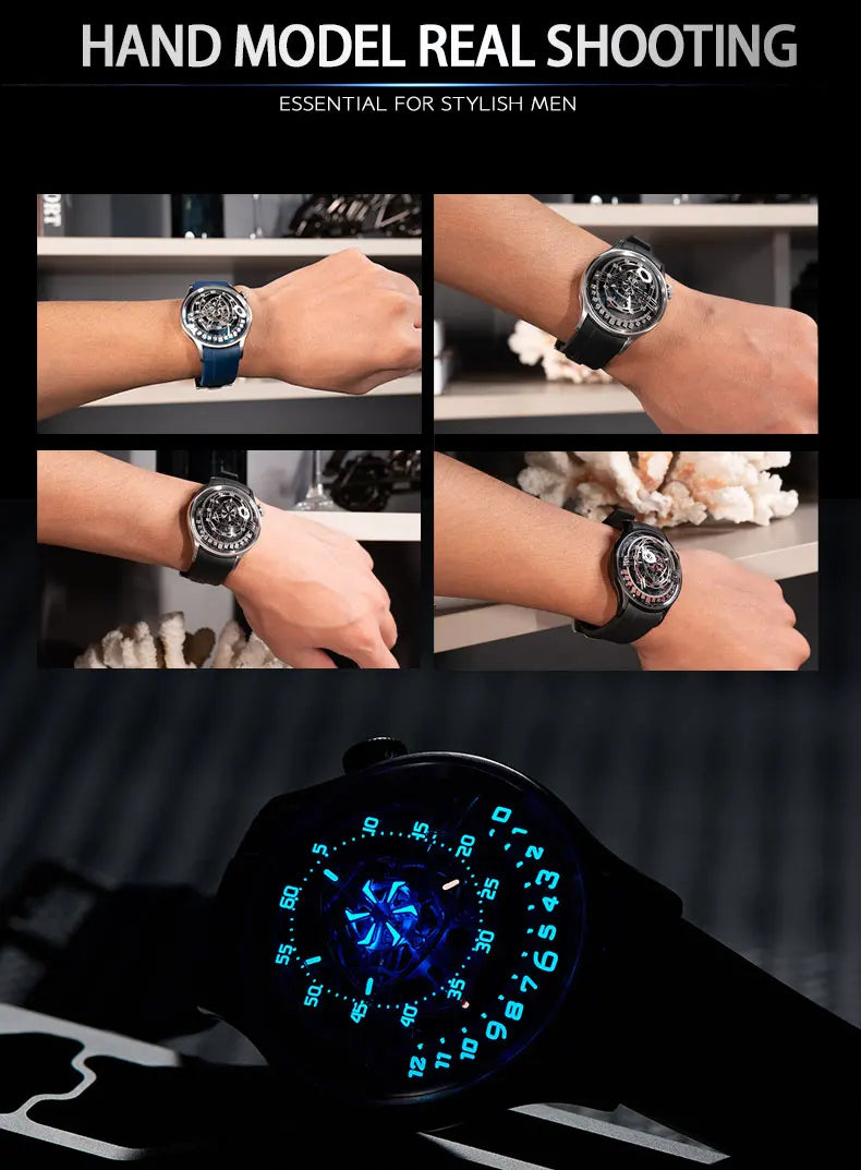 OBLVLO Original Design Mens Carbon FIbre Rotor DIal Black Rubber Mechanical Watch Blue Glow Waterproof Sport Watches BLM-ROTOR