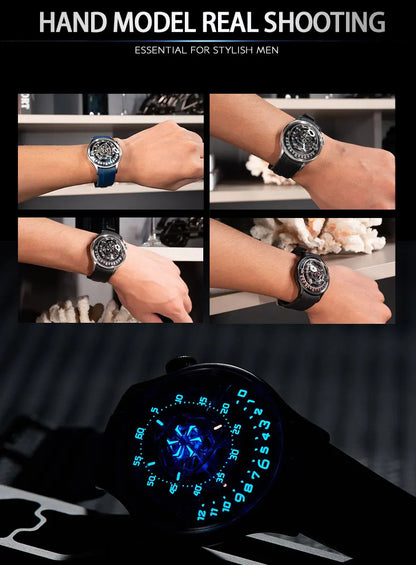 OBLVLO Original Design Mens Carbon FIbre Rotor DIal Black Rubber Mechanical Watch Blue Glow Waterproof Sport Watches BLM-ROTOR