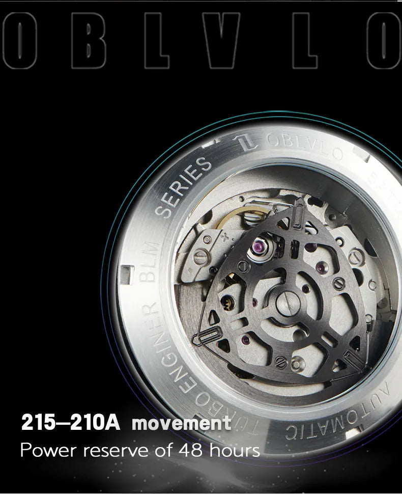 OBLVLO Original Design Mens Carbon FIbre Rotor DIal Black Rubber Mechanical Watch Blue Glow Waterproof Sport Watches BLM-ROTOR