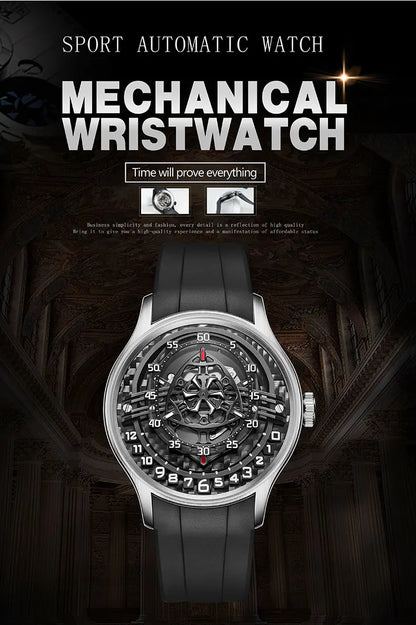 OBLVLO Original Design Mens Carbon FIbre Rotor DIal Black Rubber Mechanical Watch Blue Glow Waterproof Sport Watches BLM-ROTOR