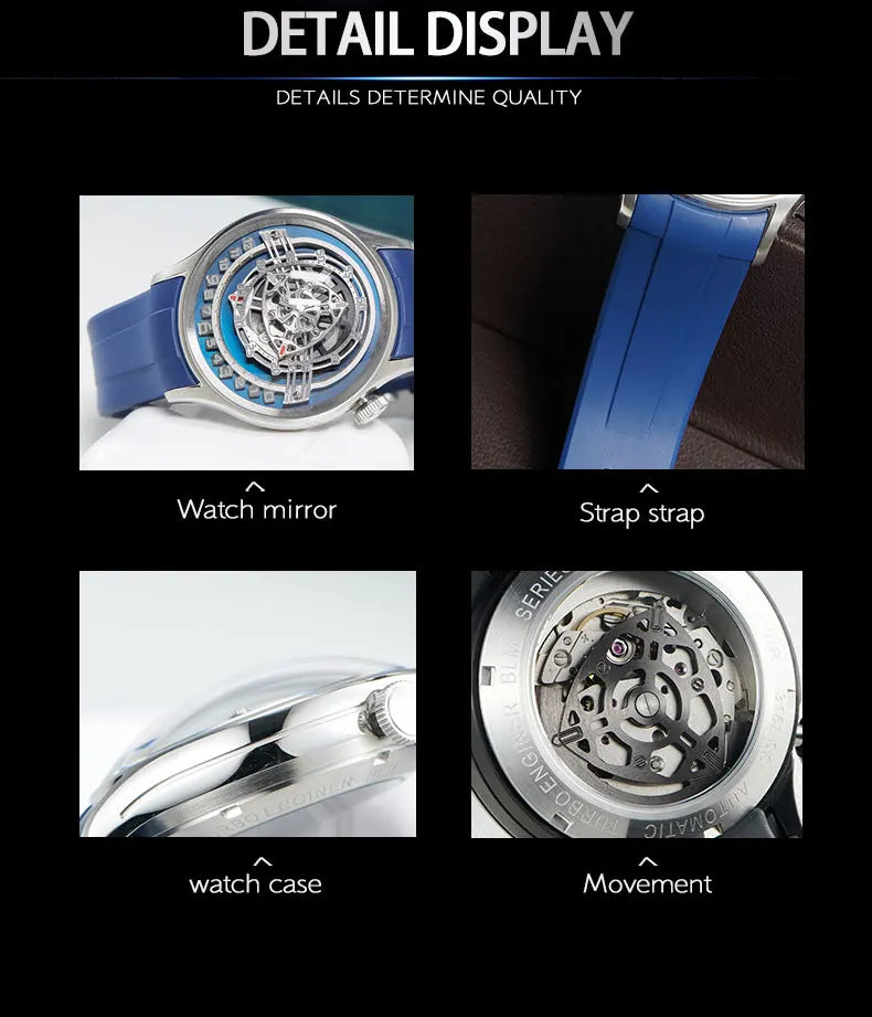 OBLVLO Original Design Mens Carbon FIbre Rotor DIal Black Rubber Mechanical Watch Blue Glow Waterproof Sport Watches BLM-ROTOR