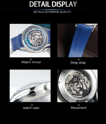 OBLVLO Original Design Mens Carbon FIbre Rotor DIal Black Rubber Mechanical Watch Blue Glow Waterproof Sport Watches BLM-ROTOR