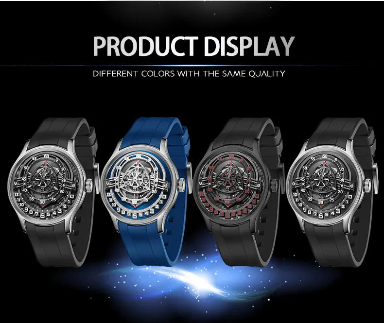 OBLVLO Original Design Mens Carbon FIbre Rotor DIal Black Rubber Mechanical Watch Blue Glow Waterproof Sport Watches BLM-ROTOR