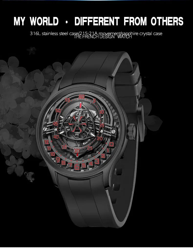 OBLVLO Original Design Mens Carbon FIbre Rotor DIal Black Rubber Mechanical Watch Blue Glow Waterproof Sport Watches BLM-ROTOR