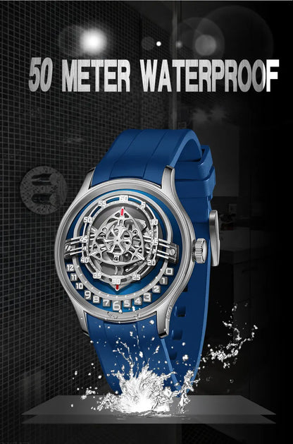 OBLVLO Original Design Mens Carbon FIbre Rotor DIal Black Rubber Mechanical Watch Blue Glow Waterproof Sport Watches BLM-ROTOR