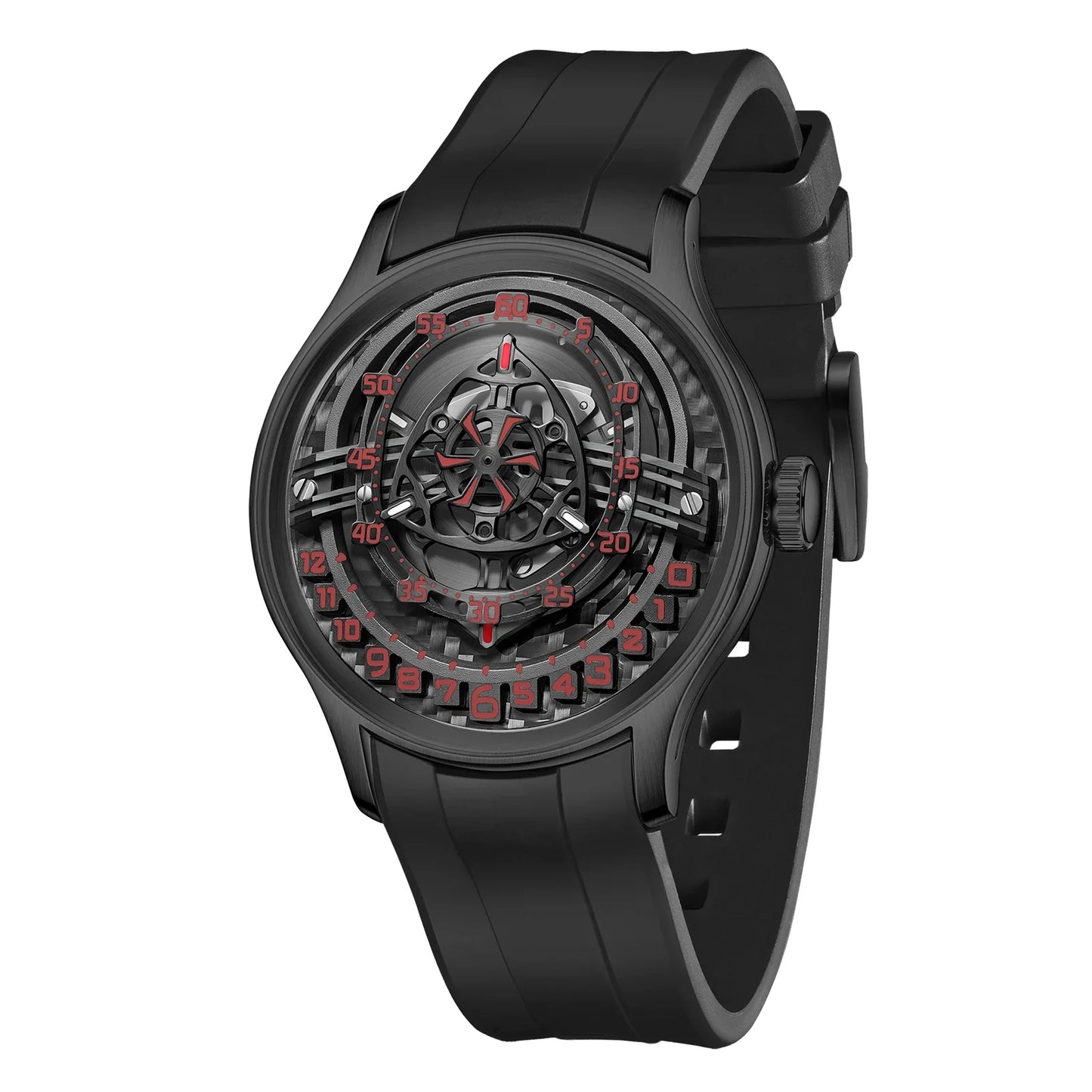 OBLVLO Original Design Mens Carbon FIbre Rotor DIal Black Rubber Mechanical Watch Blue Glow Waterproof Sport Watches BLM-ROTOR