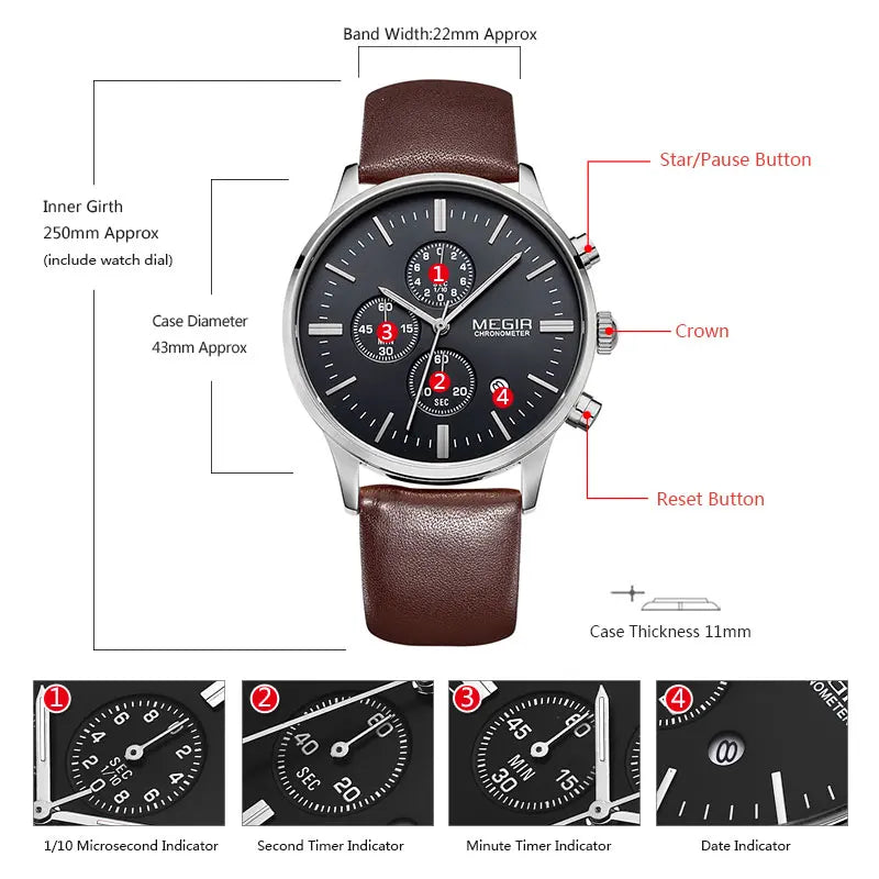 Megir quarzuhren männer luminous wasserdichte sport uhr mann kommerziellen leder armbanduhr 2011 freies verschiffen
