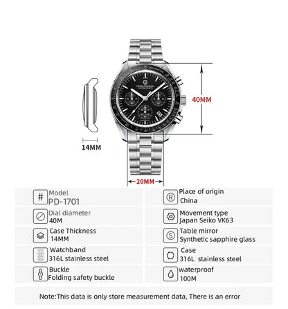 PAGANI DESIGN 2025, Silber, Gold, Mond, Luxus-Quarzuhren, Herren-Sport-Chronograph, Saphirglas, Edelstahluhr für Herren