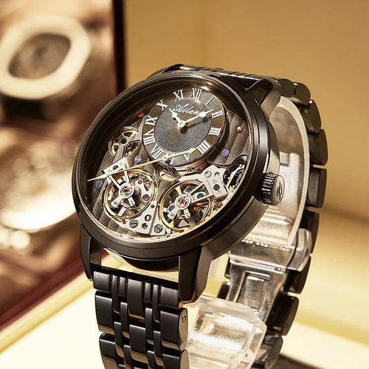 AILANG Top Merk Luxe Horloge Mannen Automatisch Lichtgevend Zwart Horloge Mannen Dubbele Tourbillon Waterdicht Mechanisch Horloge Relogio