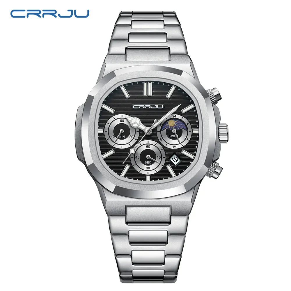 CRRJU Herrenuhr, wasserdicht, leuchtende Armbanduhr, Quarz-Edelstahluhr für Herren, Pilot-Top-Marke, Herrenuhren, Chronograph