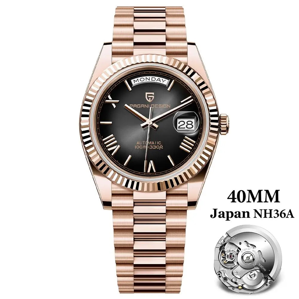 PAGANI DESIGN DD40 Herrenuhren 2024, Top-Luxus-Roségold-Uhr für Herren, automatische mechanische Armbanduhren, wasserdichte Geschenkuhr