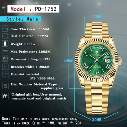 Pagani design dd36 gold grün v2 männer mechanische uhren luxus automatische uhr für männer 2024 neue ar saphirglas armbanduhr