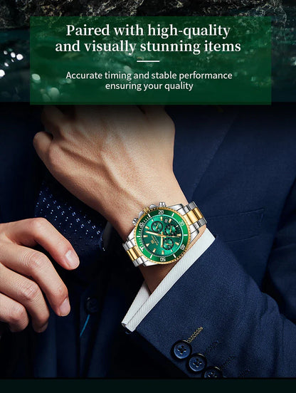VA VA VOOM Marke Top Männer Uhr 1 Stück Multifunktionale Modische Timing Zifferblatt Grün Gold Edelstahl 3Bar Timing Uhr für Männer