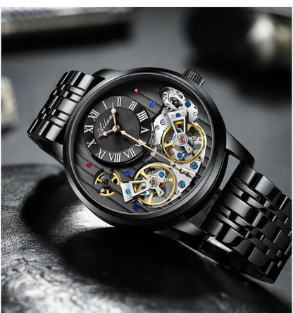 AILANG Top Marke Luxus Uhr Männer Automatische Leucht Schwarz Uhr Männer Doppel Tourbillon Wasserdichte Mechanische Uhr Relogio
