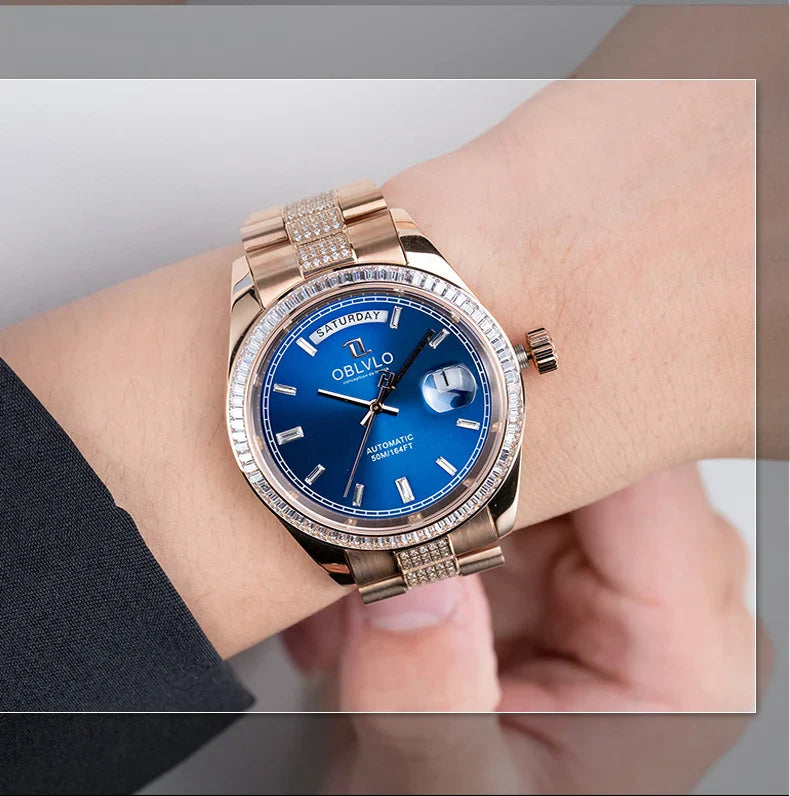 OBLVLO Men's Luxury Watch Yellow Gold White Dial Automatic Date Diamond Bezel Mechanical Bracelet Watches with Day RX-DD