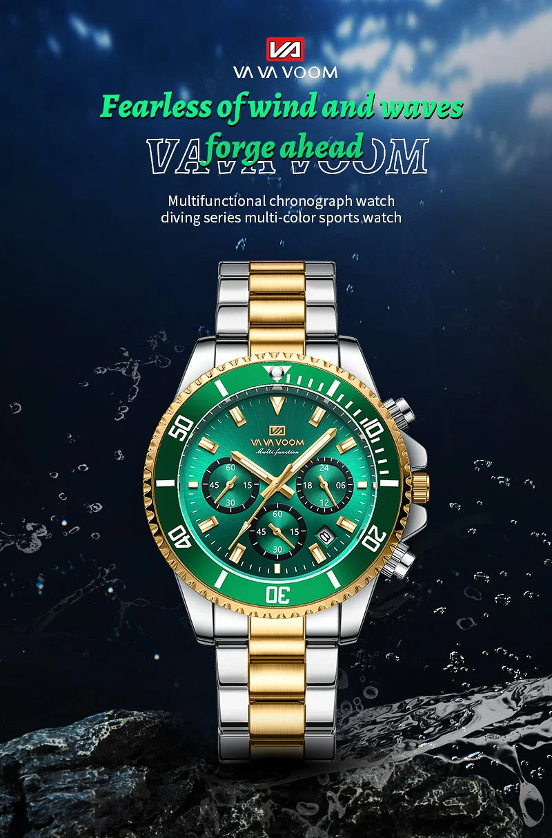 VA VA VOOM Marke Top Männer Uhr 1 Stück Multifunktionale Modische Timing Zifferblatt Grün Gold Edelstahl 3Bar Timing Uhr für Männer