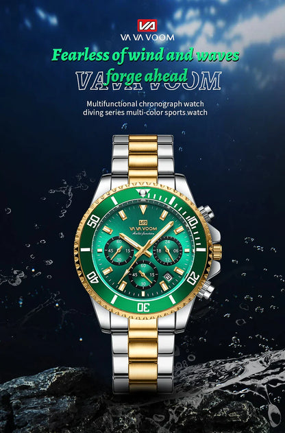 VA VA VOOM Marke Top Männer Uhr 1 Stück Multifunktionale Modische Timing Zifferblatt Grün Gold Edelstahl 3Bar Timing Uhr für Männer