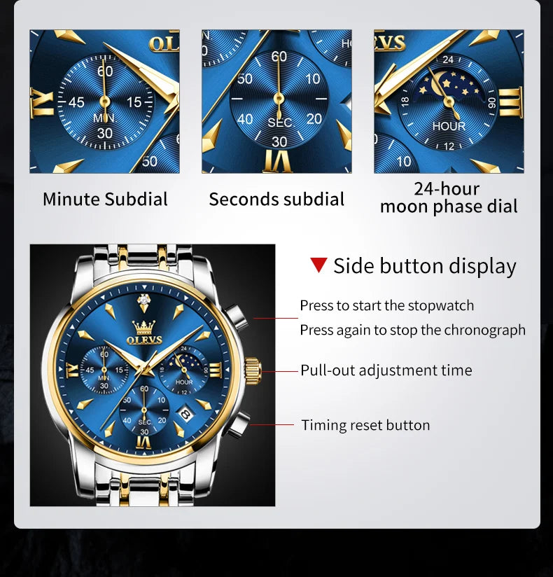 OLEVS 3639 Top Marke Original Luxus Neue Quarzuhr Edelstahl Uhr Für Männer Wasserdicht Leucht Mond Phase Herren Uhr