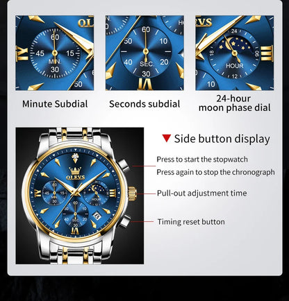 OLEVS 3639 Top Marke Original Luxus Neue Quarzuhr Edelstahl Uhr Für Männer Wasserdicht Leucht Mond Phase Herren Uhr