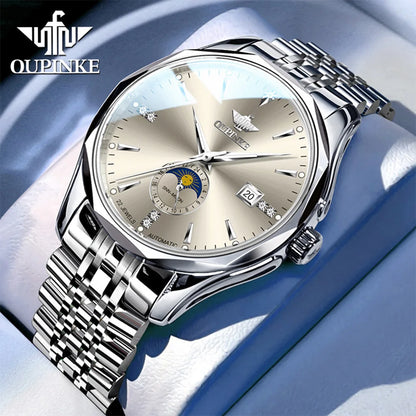 OUPINKE Automatische Herrenuhr, automatisches Datum, Mondphase, Chronograph, hochwertige Luxus-Diamant-Armbanduhr für Herren, NEU 3275