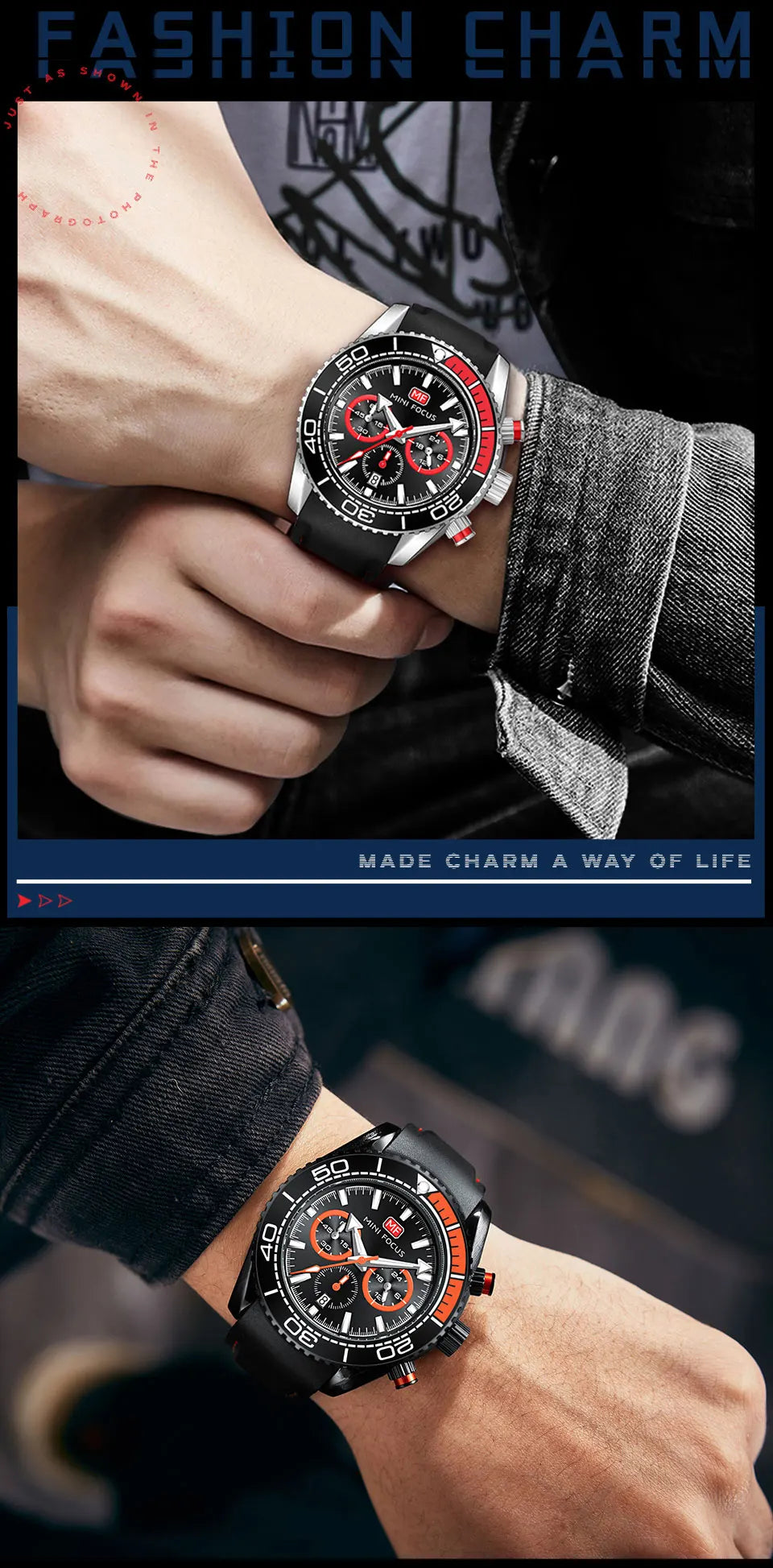 MINI FOCUS Chronograph Quarzuhren für Herren, modische Sport-Armbanduhr mit automatischem Datum, 24-Stunden-Anzeige, blaues Silikonarmband 0426
