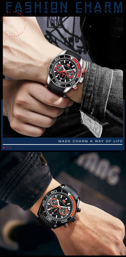 MINI FOCUS Chronograph Quarzuhren für Herren, modische Sport-Armbanduhr mit automatischem Datum, 24-Stunden-Anzeige, blaues Silikonarmband 0426